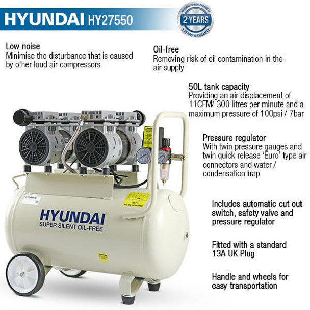 hyundai-50-litre-air-compressor-11cfm118psi-oil-free-low-noise-electric-2hp-or-hy27550__59682 - Surron Off Road USA